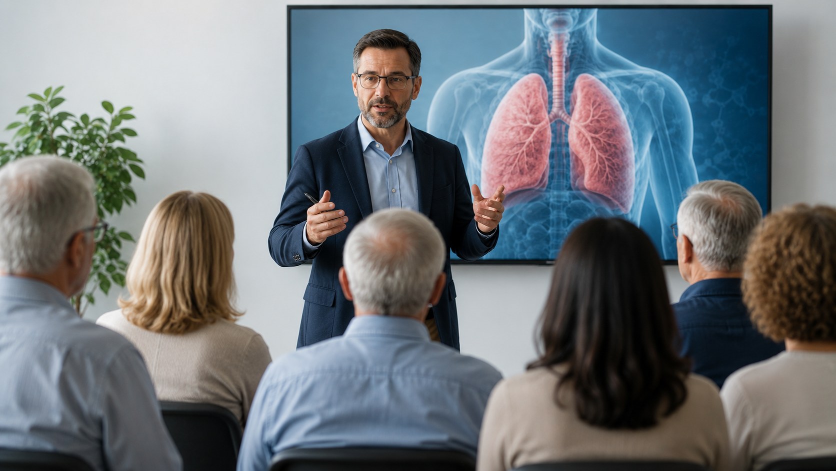 Instructor presenting mesothelioma and lung health information to an attentive adult audience