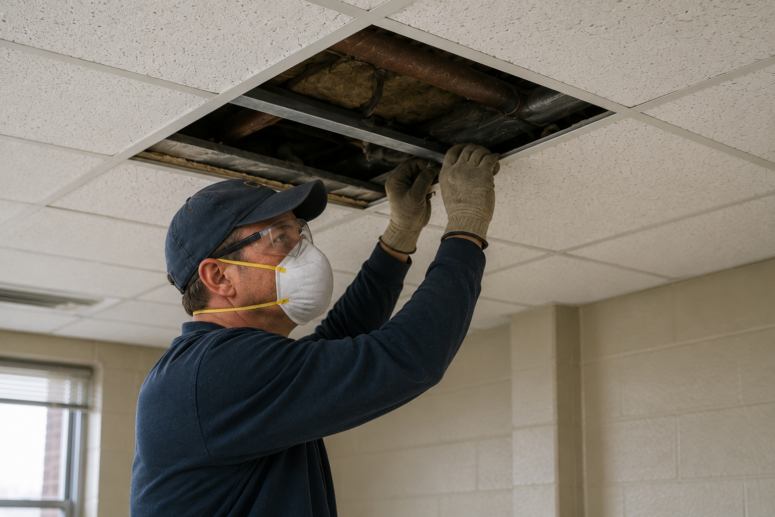 Maintenance worker accessing an open drop ceiling with pipes and ducts above