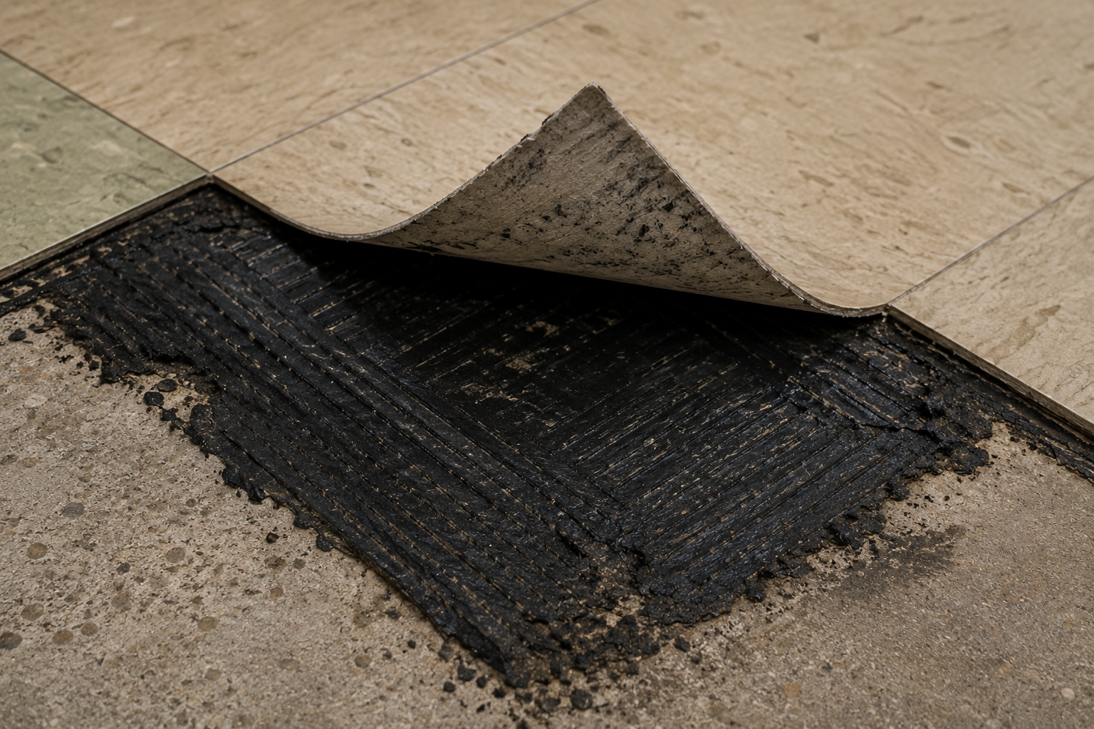 Older floor tile pulled back showing black mastic adhesive