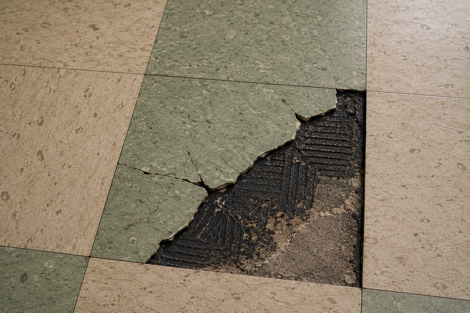 Damaged older vinyl floor tile exposing dark adhesive underneath