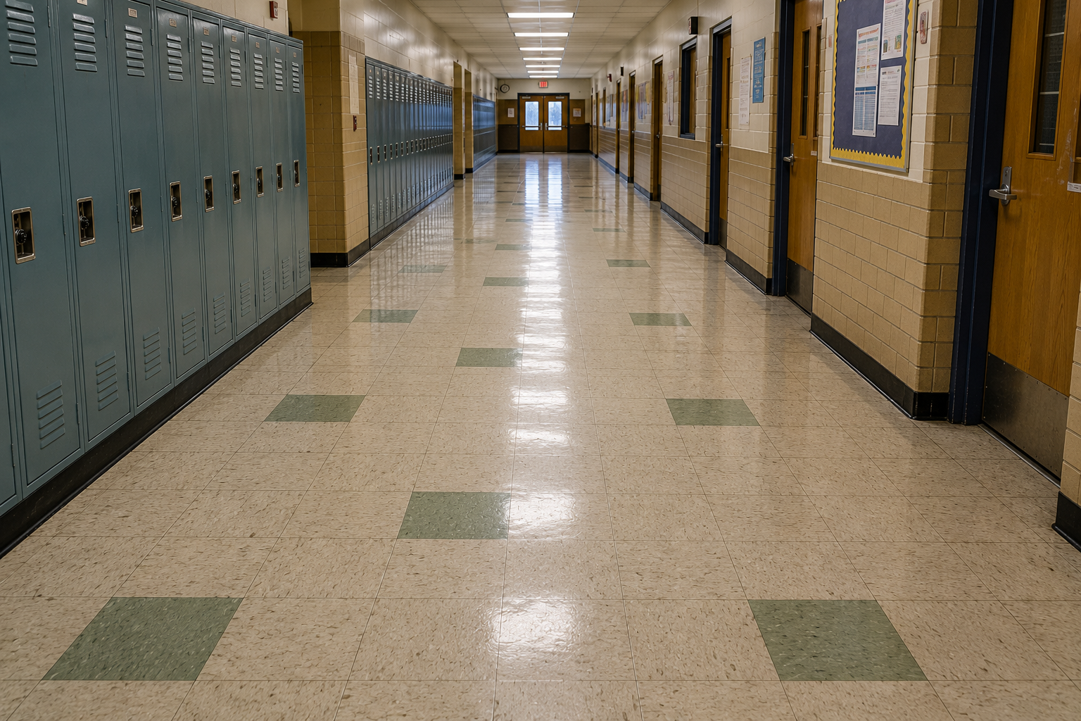 School hallway with older resilient floor tile pattern