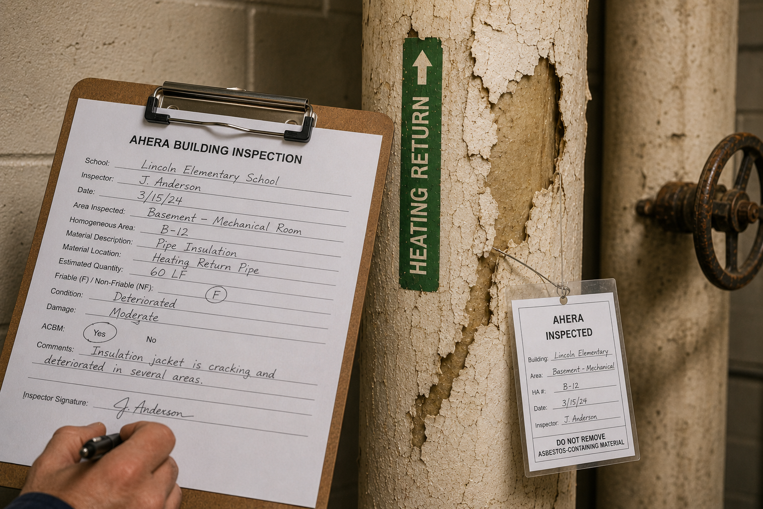 AHERA-style inspection form next to damaged pipe insulation