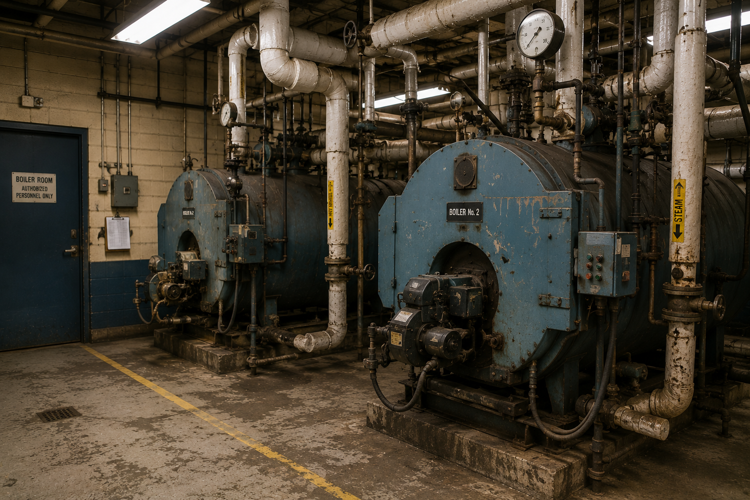 Older school boiler room with boilers, pipes, valves, and mechanical equipment