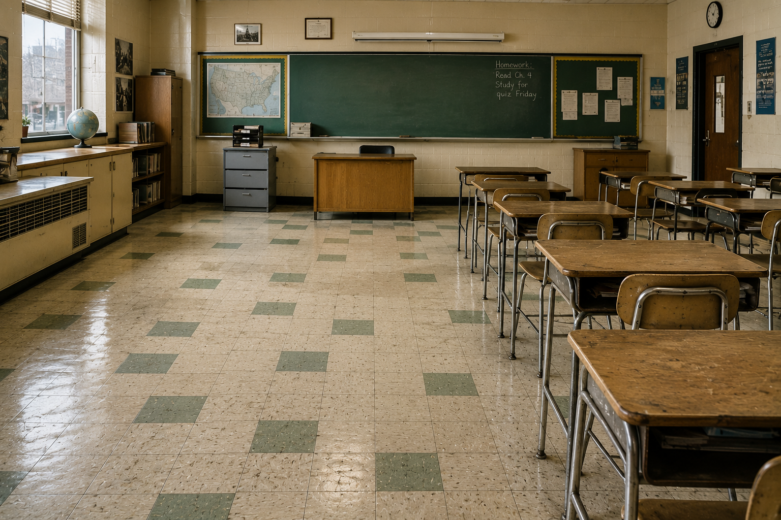 Older classroom with vinyl floor tile and desks
