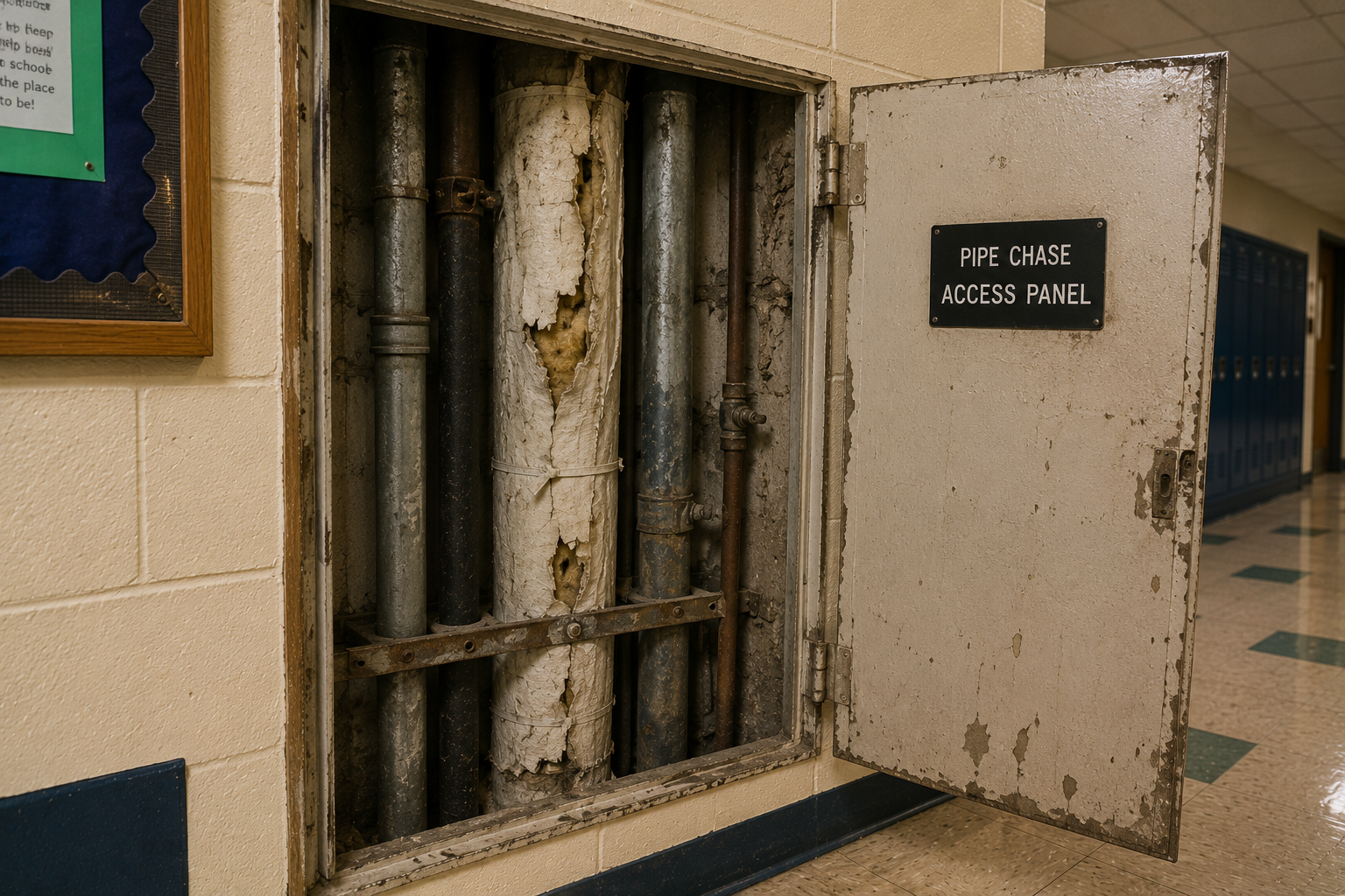 School pipe chase access panel with exposed piping and damaged insulation