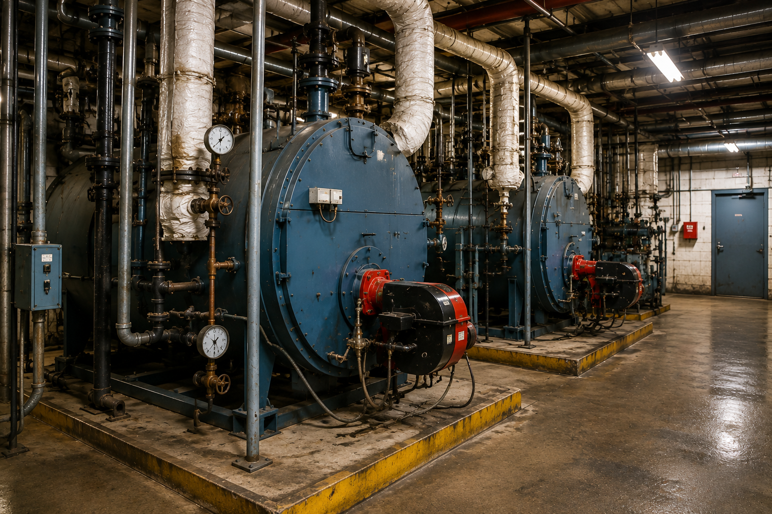 Older boiler room with boilers, insulated piping, gauges, and valves