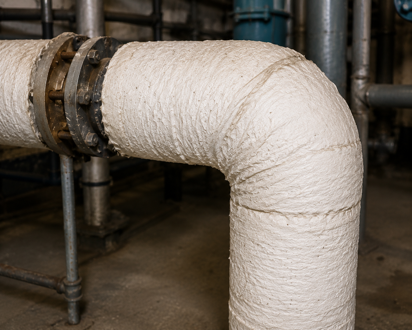 Close-up of insulated pipe elbow in an older mechanical room