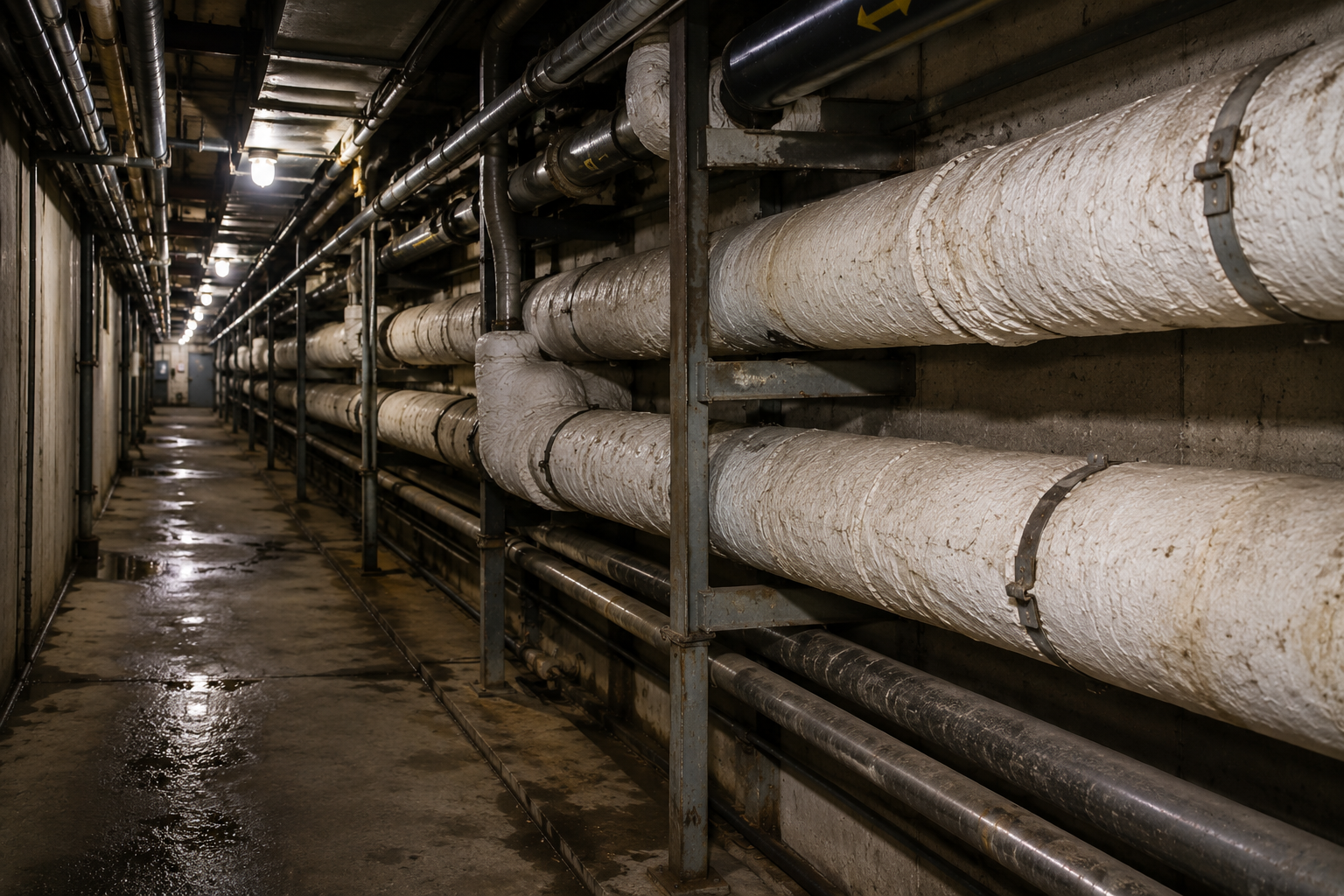 Utility tunnel with insulated piping running along the wall