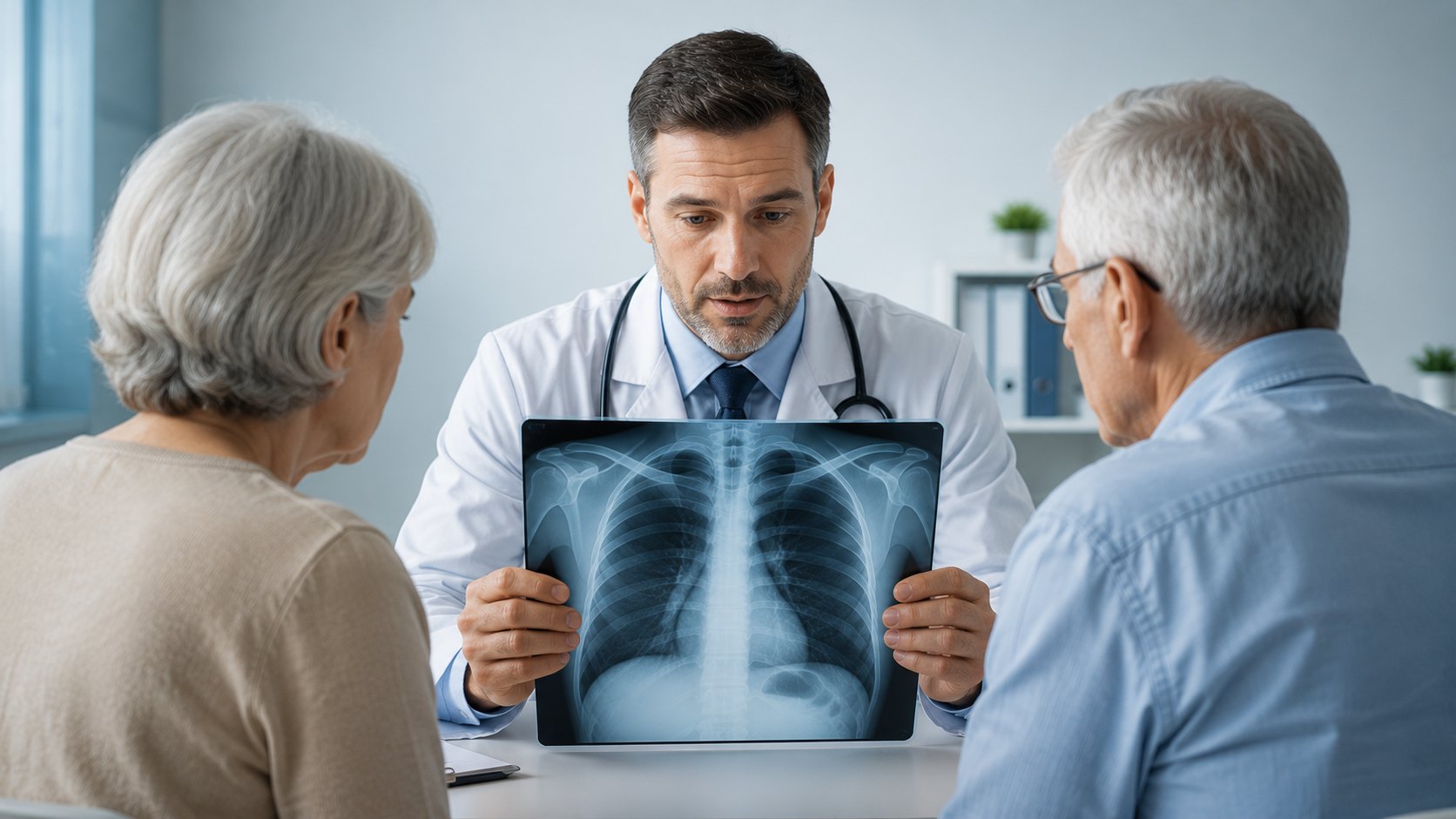 Doctor reviewing a chest X-ray with an older couple during an educational medical consultation about asbestos-related diseases