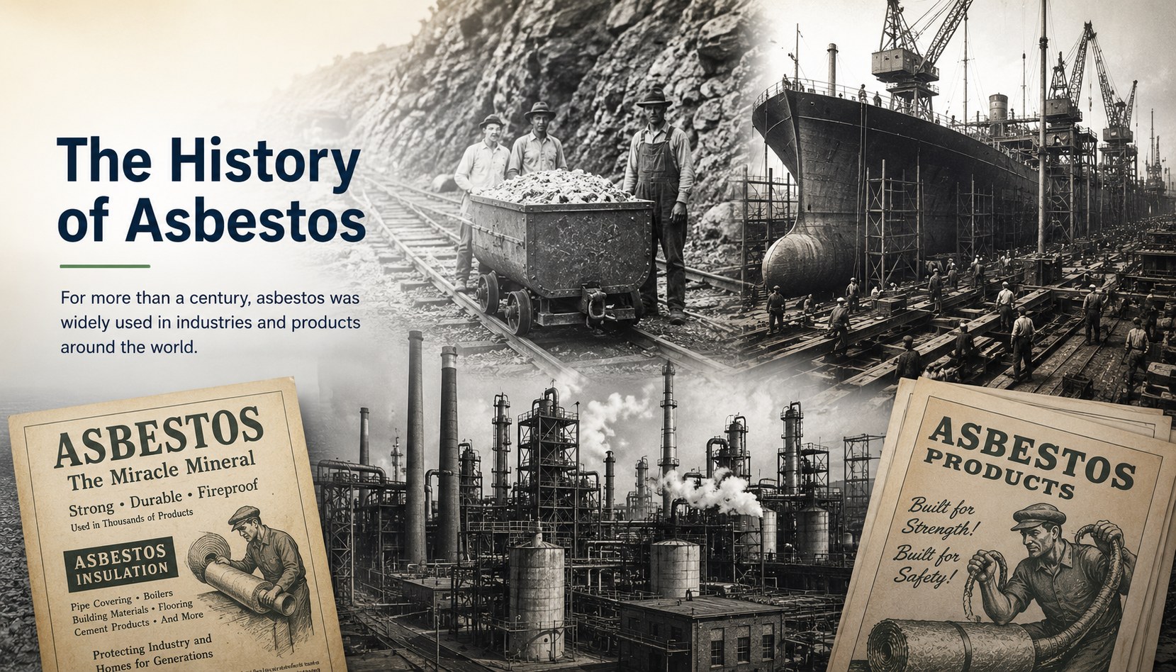 Historic asbestos mining, shipyard, and industrial plant imagery showing how asbestos was used in older industries