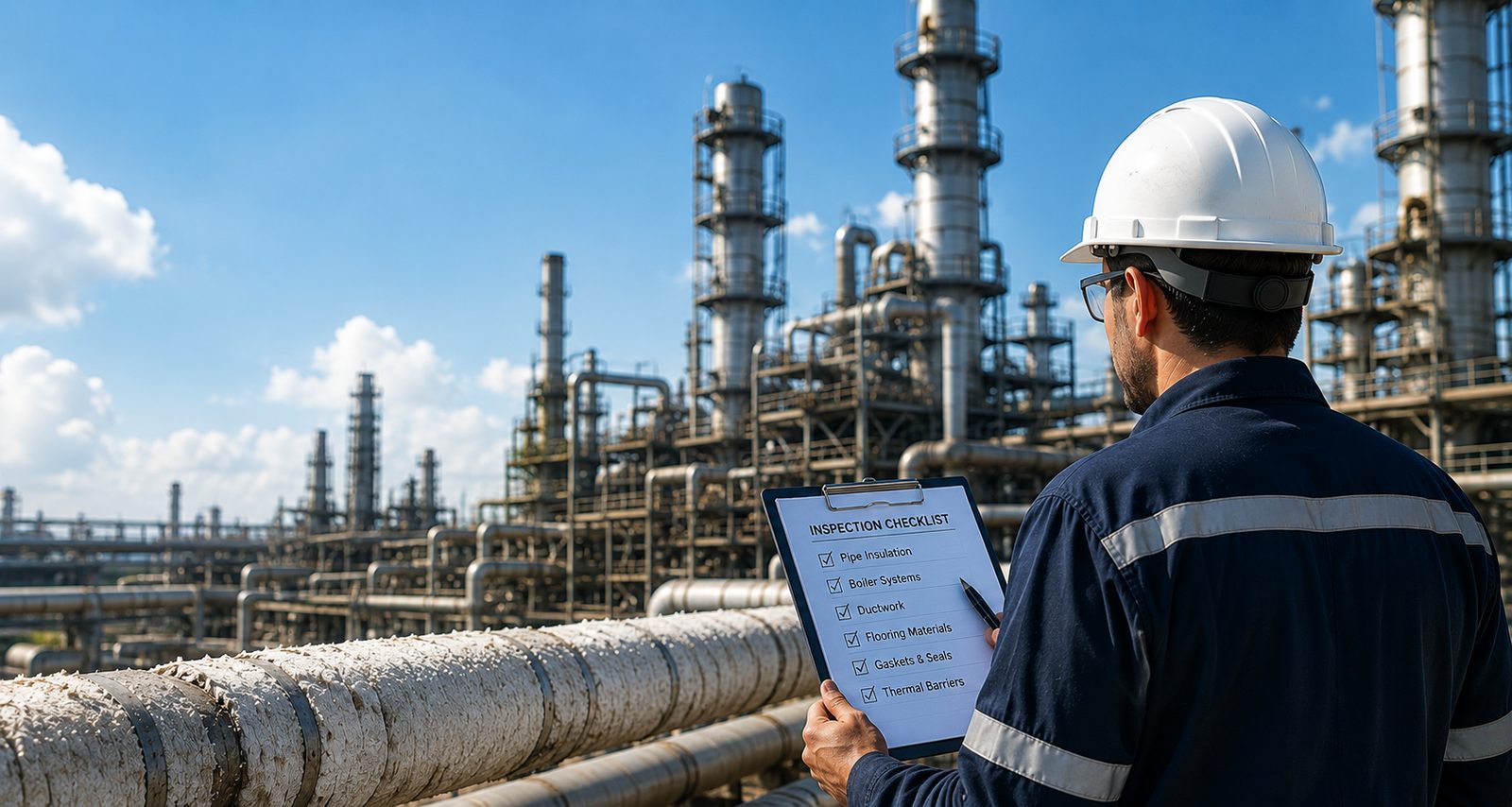 Environmental inspection professional reviewing an asbestos inspection checklist at an industrial facility