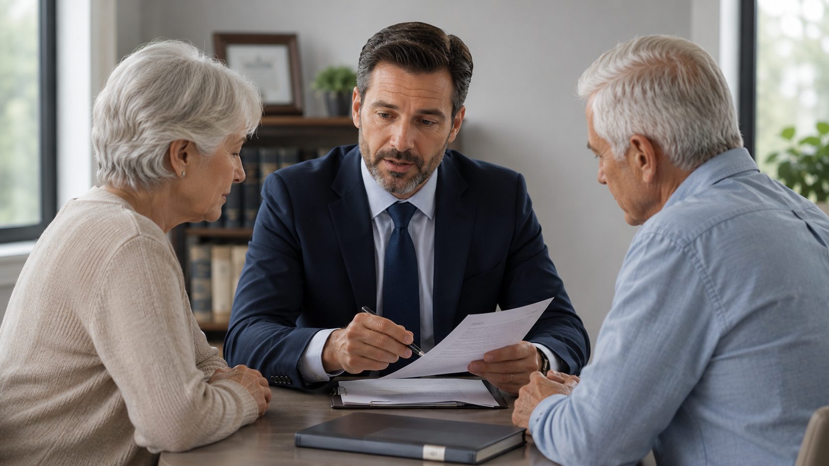 Professional consultation about documents with an older couple learning general information about mesothelioma claims
