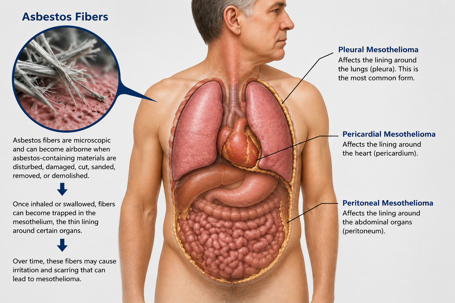 Educational diagram showing asbestos fibers and types of mesothelioma