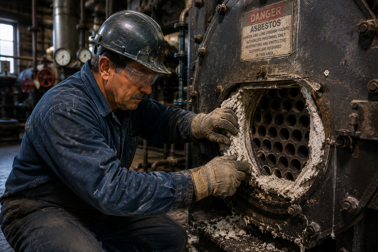 Boiler worker inspecting older industrial boiler equipment