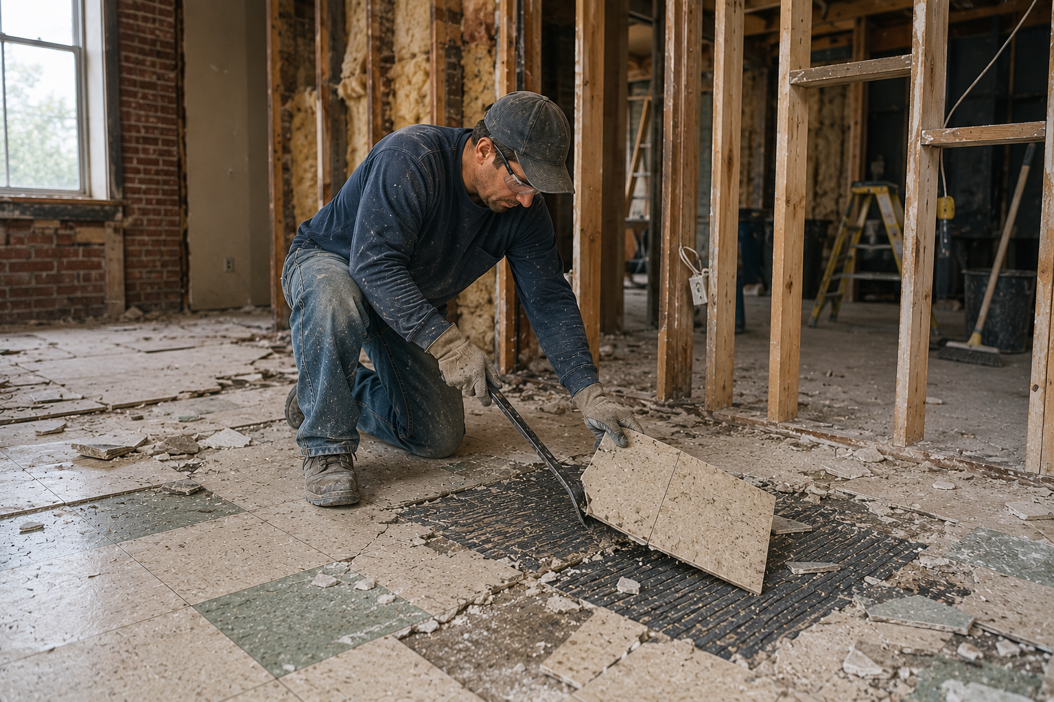 Construction renovation worker removing old flooring in a partially gutted room