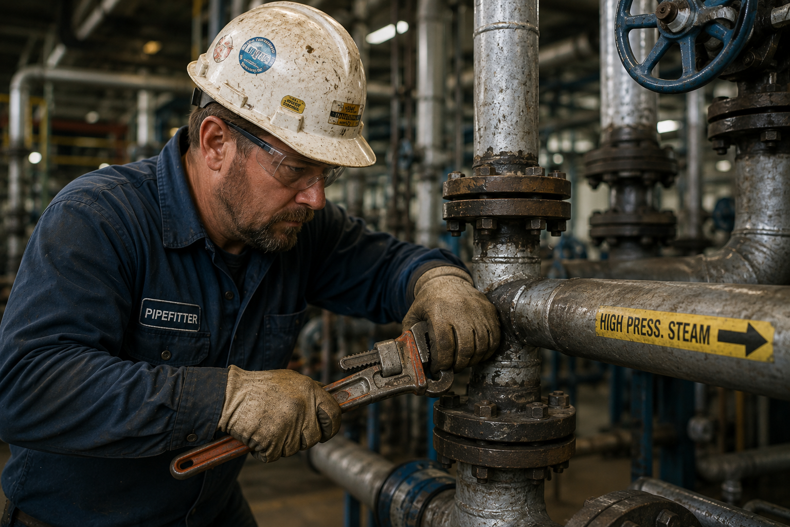 Pipefitter working on industrial piping in a mechanical room