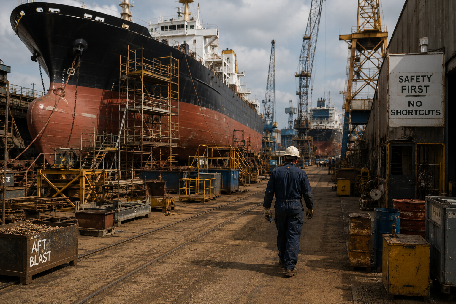 Shipyard with worker, cranes, scaffolding, and large vessel