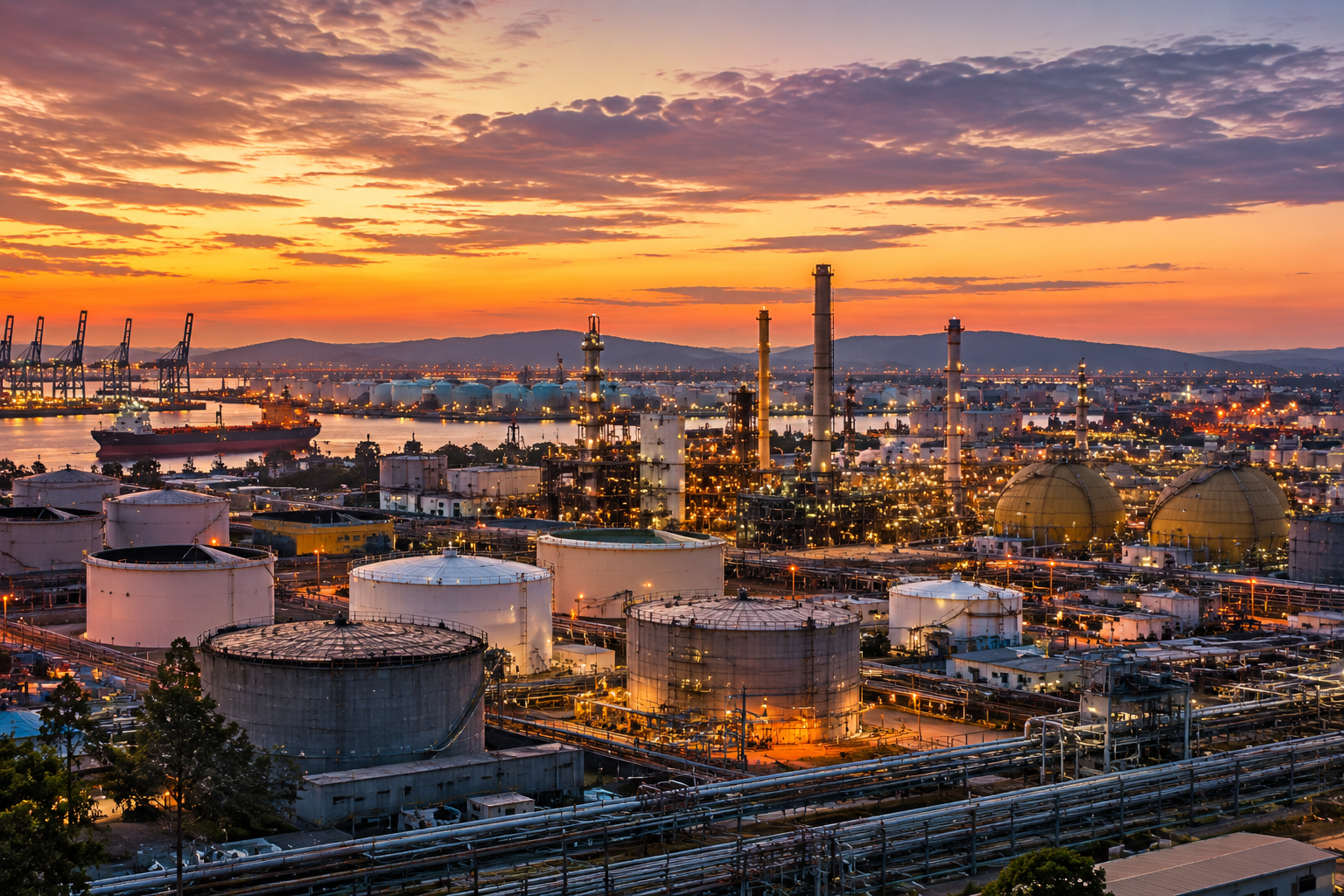 California industrial waterfront skyline with refineries storage tanks and shipping activity