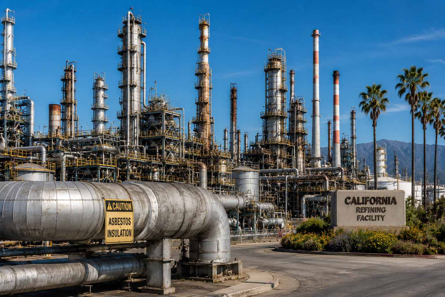 California oil refinery with industrial piping and refinery equipment