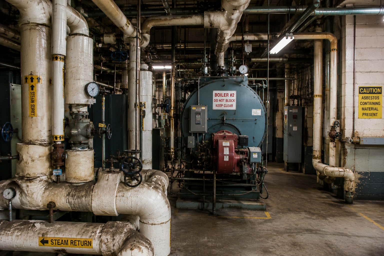 New Jersey school or hospital mechanical room with boilers and insulated piping