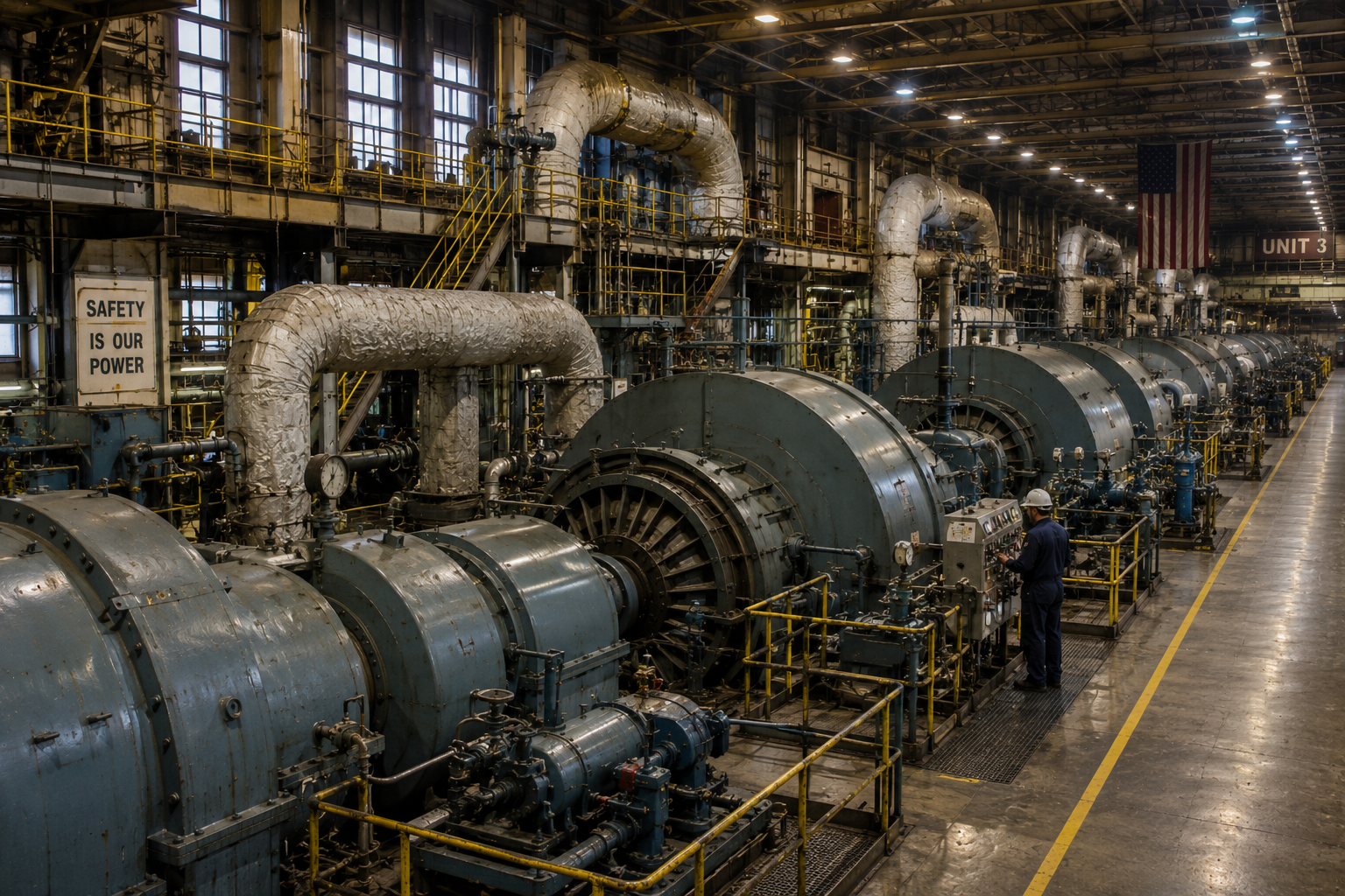 New York power plant turbine hall with large machinery and insulated steam piping
