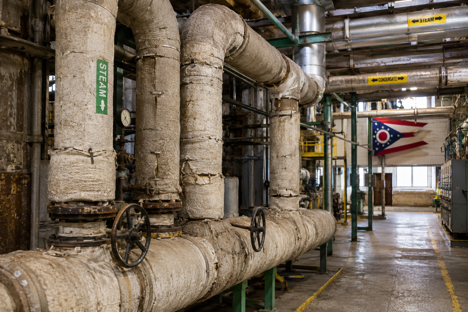Industrial mechanical room with older insulated pipes and steam lines