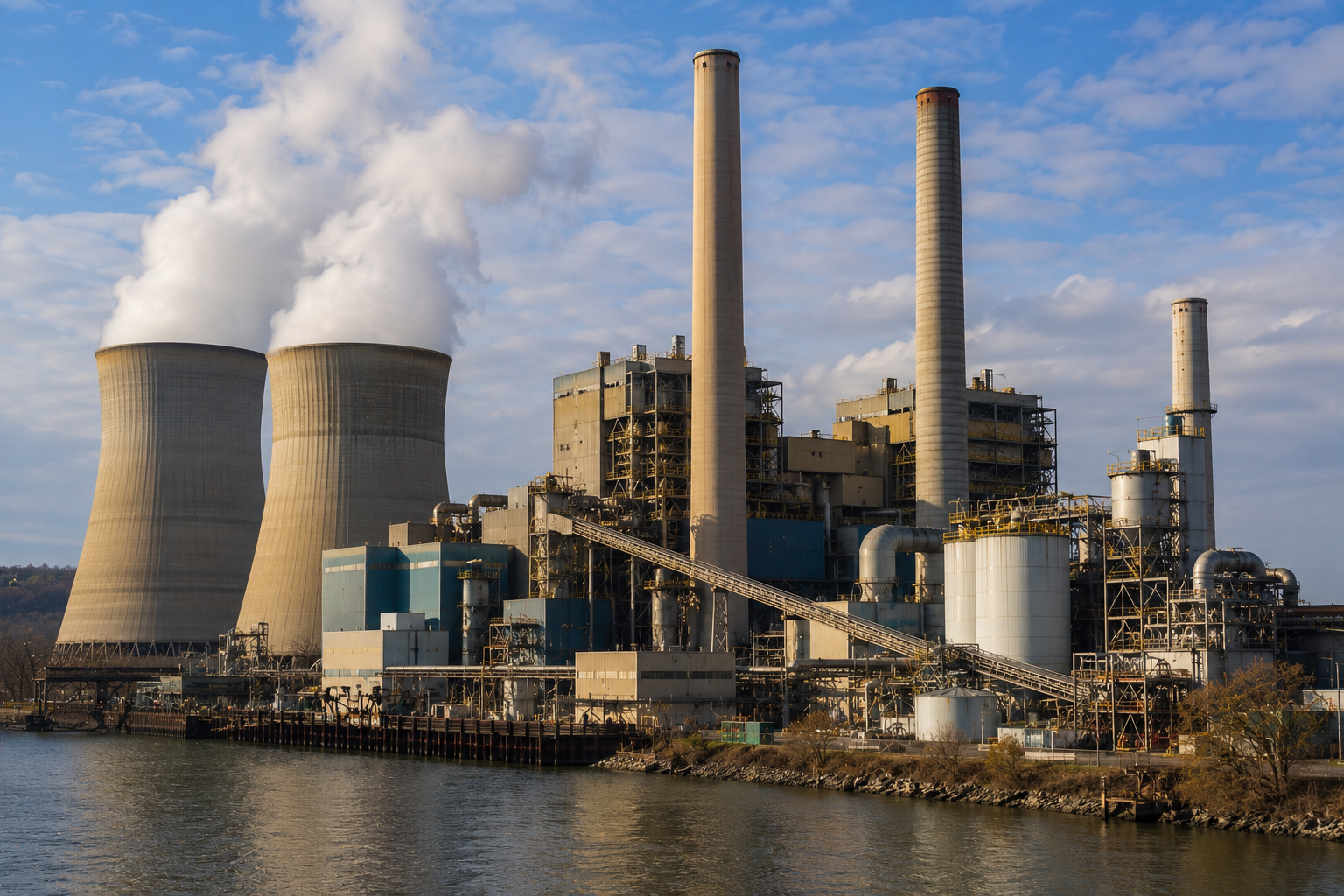 Large power plant along a river with stacks, towers, and industrial equipment