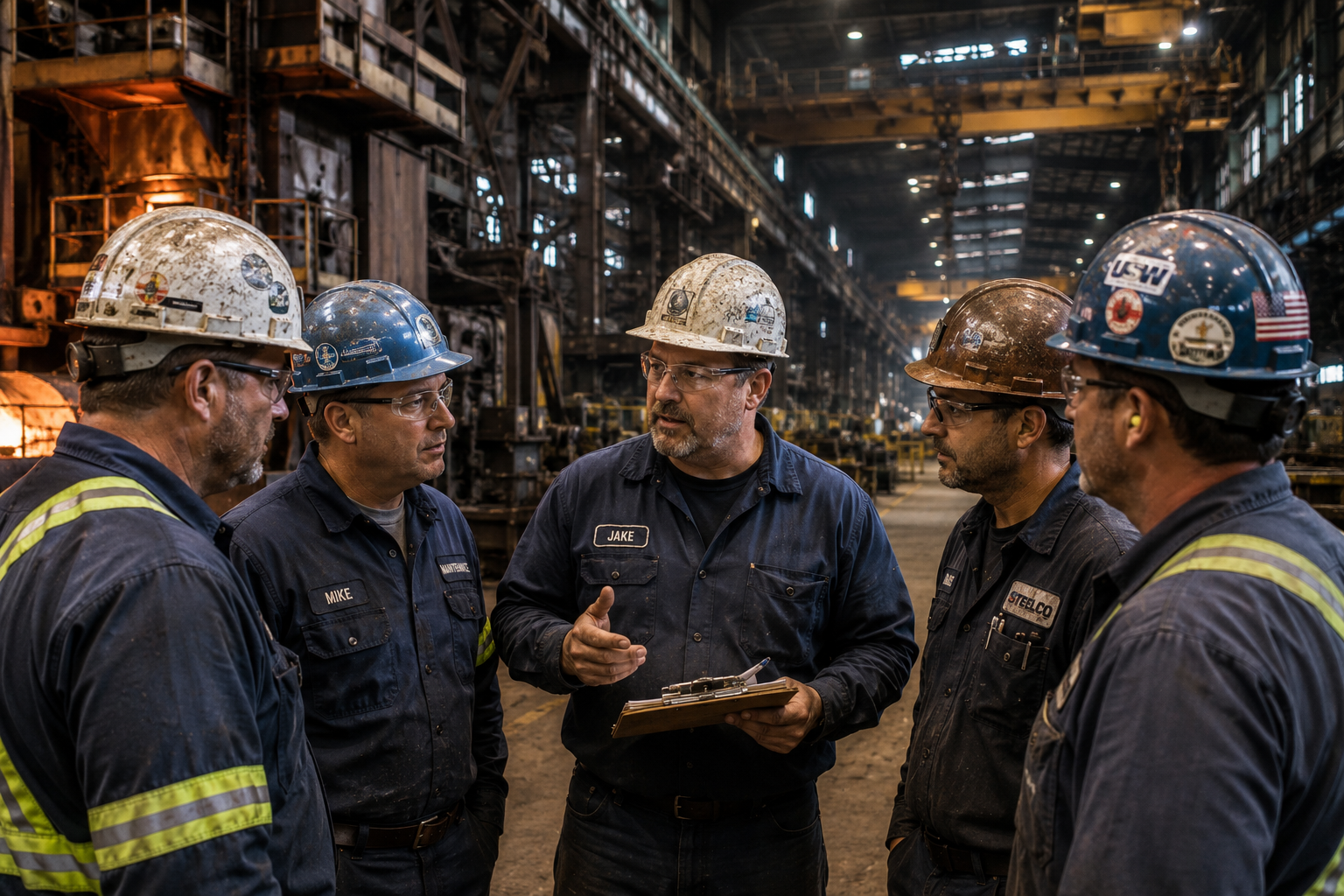 Industrial workers in a Pennsylvania steel or manufacturing facility