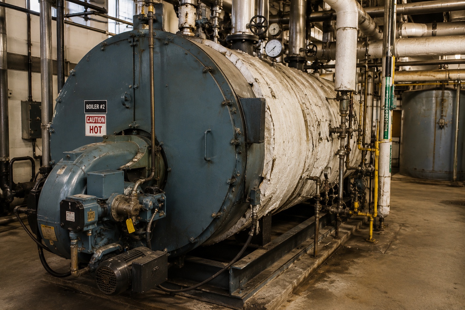 Older industrial boiler with insulation and surrounding mechanical piping